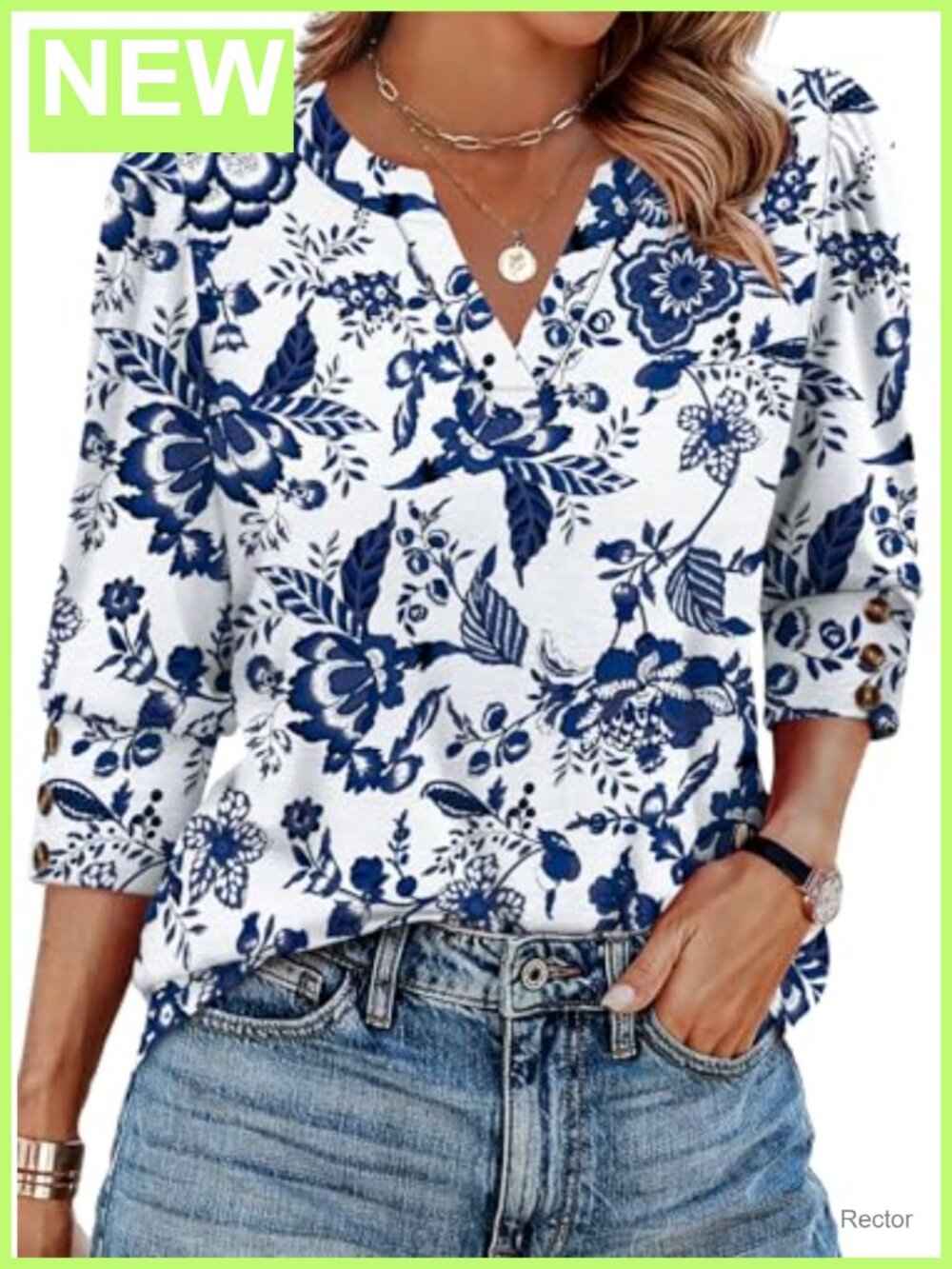 Womens 3/4 Sleeve V-Neck Blouse Button Cuff Casual Work Top